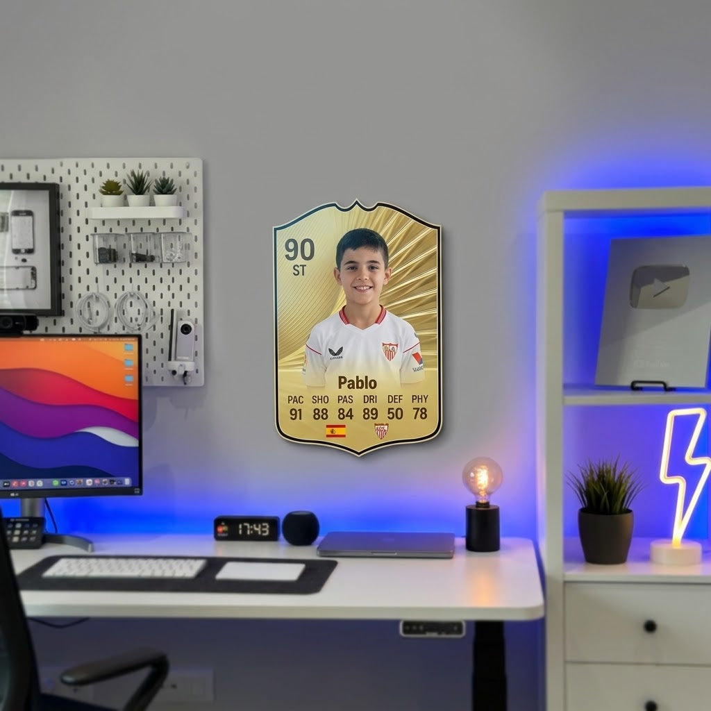 Carta de fútbol personalizada colgada en la pared con el kit de montaje de CardsGOAT
