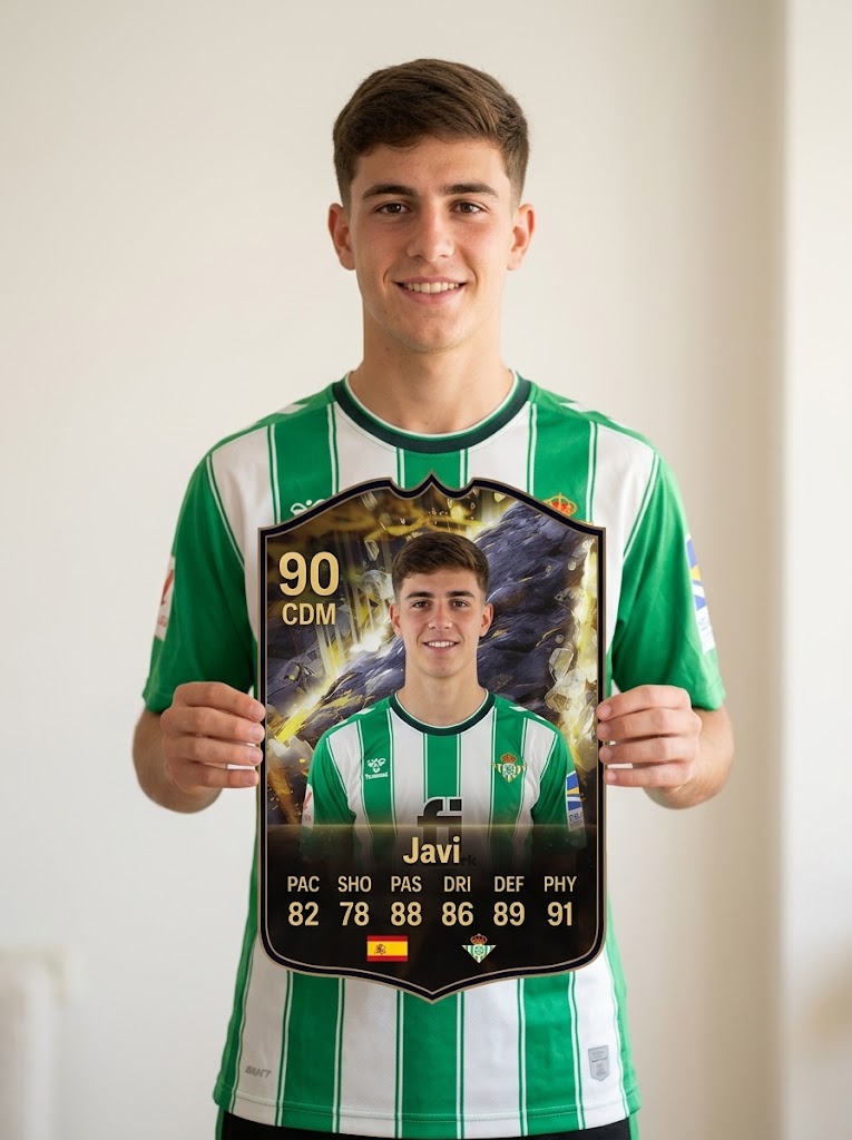 Chico con camiseta del Real Betis sosteniendo su carta de FIFA FC 26 Cornerstones personalizada — CardsGOAT