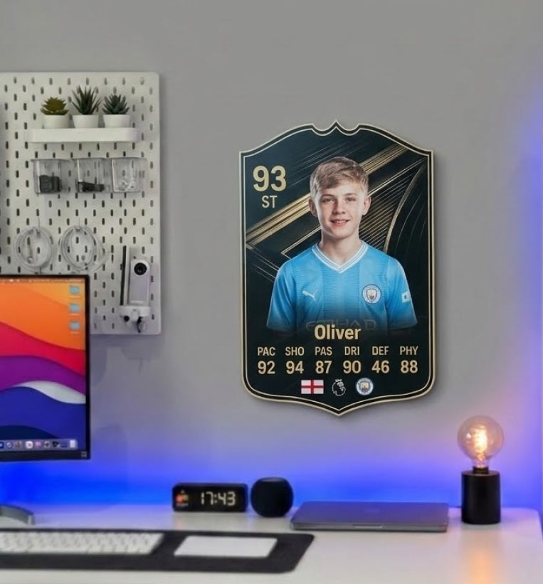 Carta de FIFA FC 26 Team of The Week personalizada colgada en la pared de una habitación — CardsGoat