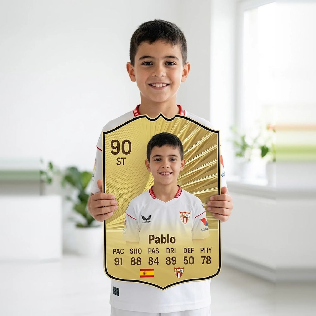 Niño con camiseta del Sevilla FC sosteniendo su carta de FIFA FC 26 Gold personalizada — CardsGoat
