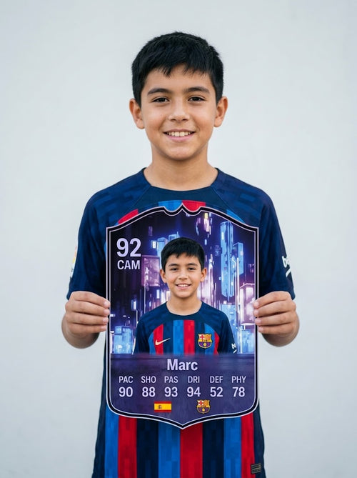 Niño con camiseta del FC Barcelona sosteniendo su carta de FIFA FC 26 Flashback personalizada — CardsGOAT